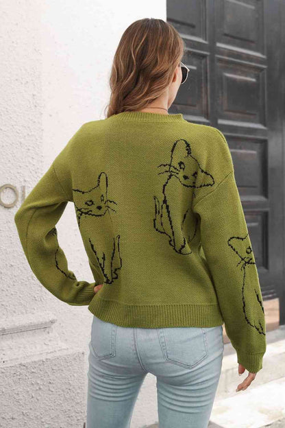 Cat Pattern Round Neck Pullover Sweater | AdoreStarr