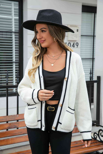 Waffle Knit V-Neck Cardigan with Pockets - White