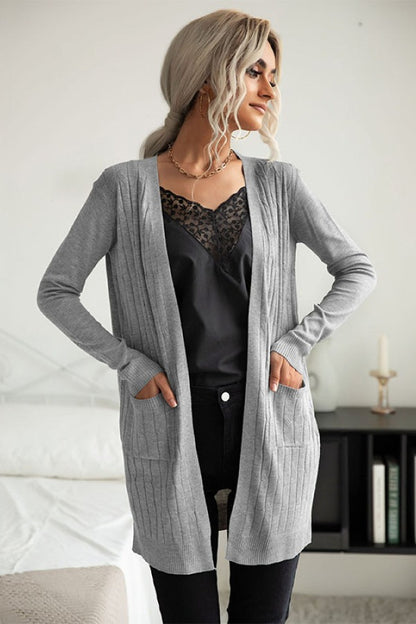 Ribbed Longline Open Cardigan - Gray