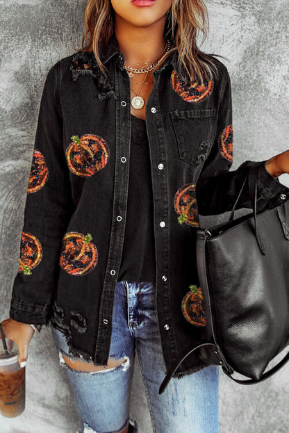 Sequin Patch Pumpkin Raw Hem Jacket | AdoreStarr