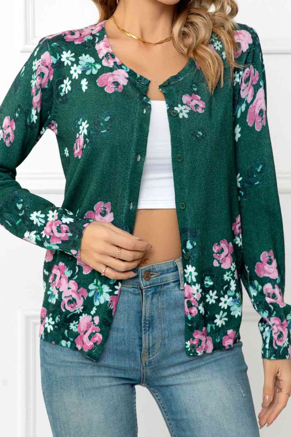 Floral Button Front Round Neck Cardigan | AdoreStarr