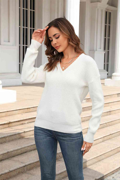 Ribbed V-Neck Dropped Shoulder Knit Top | AdoreStarr