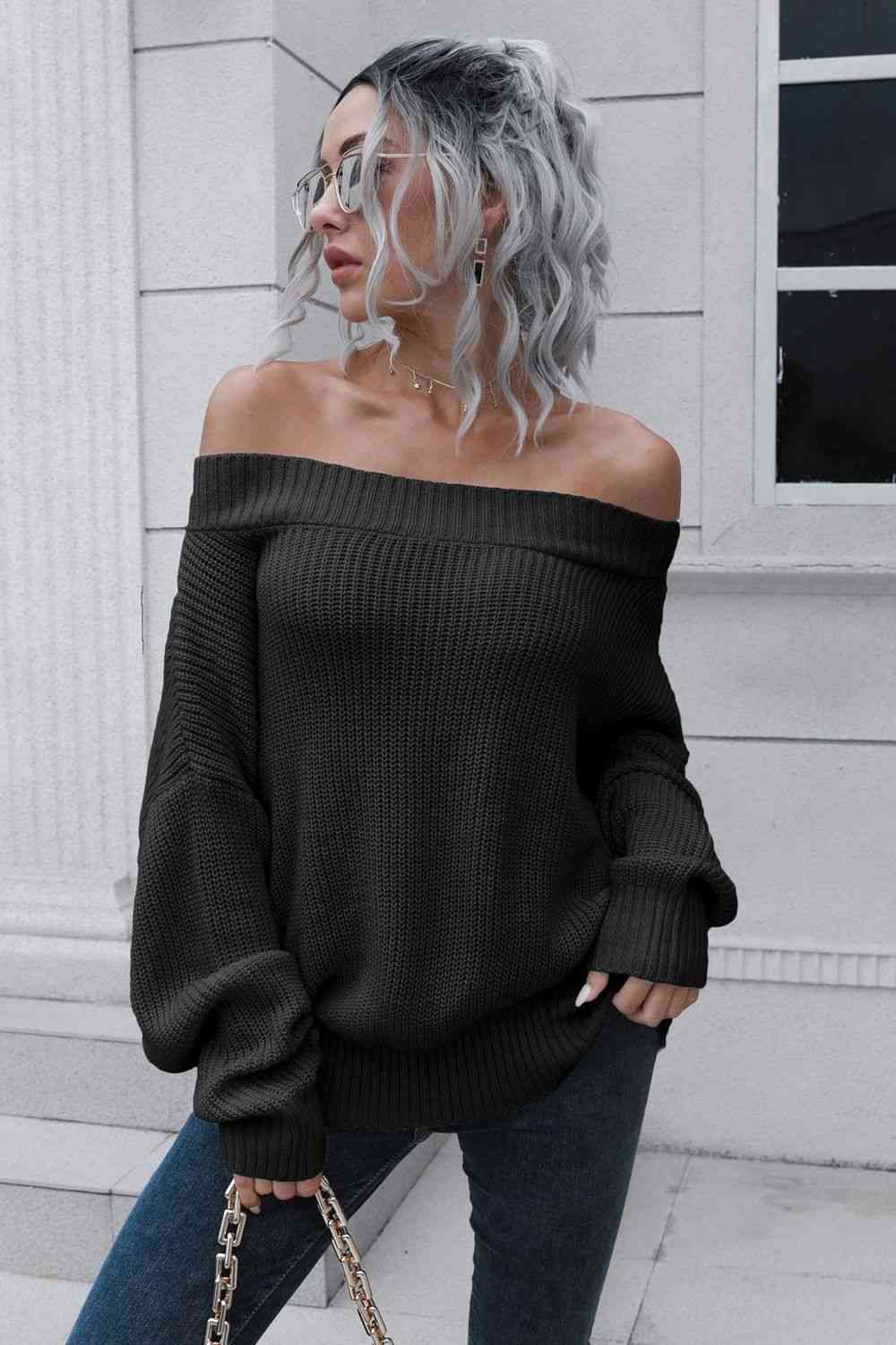 Off-Shoulder Ribbed Pullover Sweater | AdoreStarr