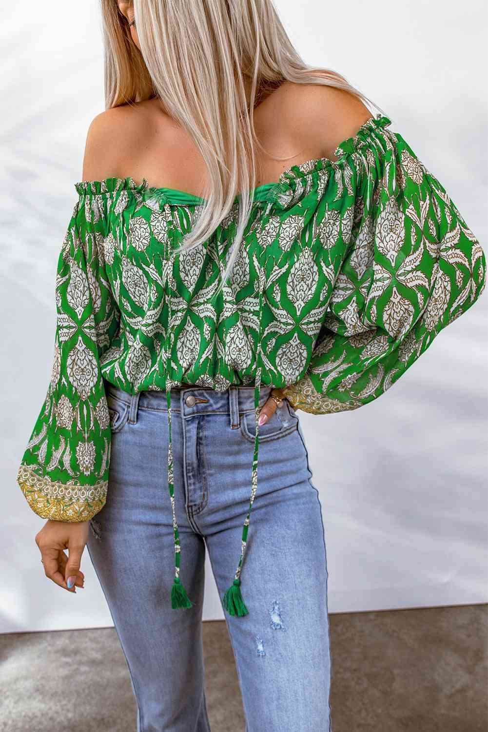 Printed Tassel Tie Balloon Sleeve Blouse | AdoreStarr