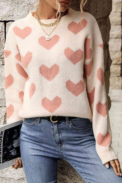 Heart Pattern Dropped Shoulder Sweater | AdoreStarr