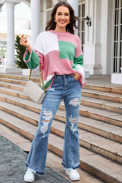 Color Block Dropped Shoulder Sweater - Multicolor