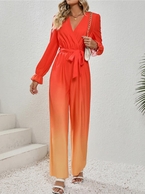 Gradient Tie Front Flounce Sleeve Jumpsuit | AdoreStarr