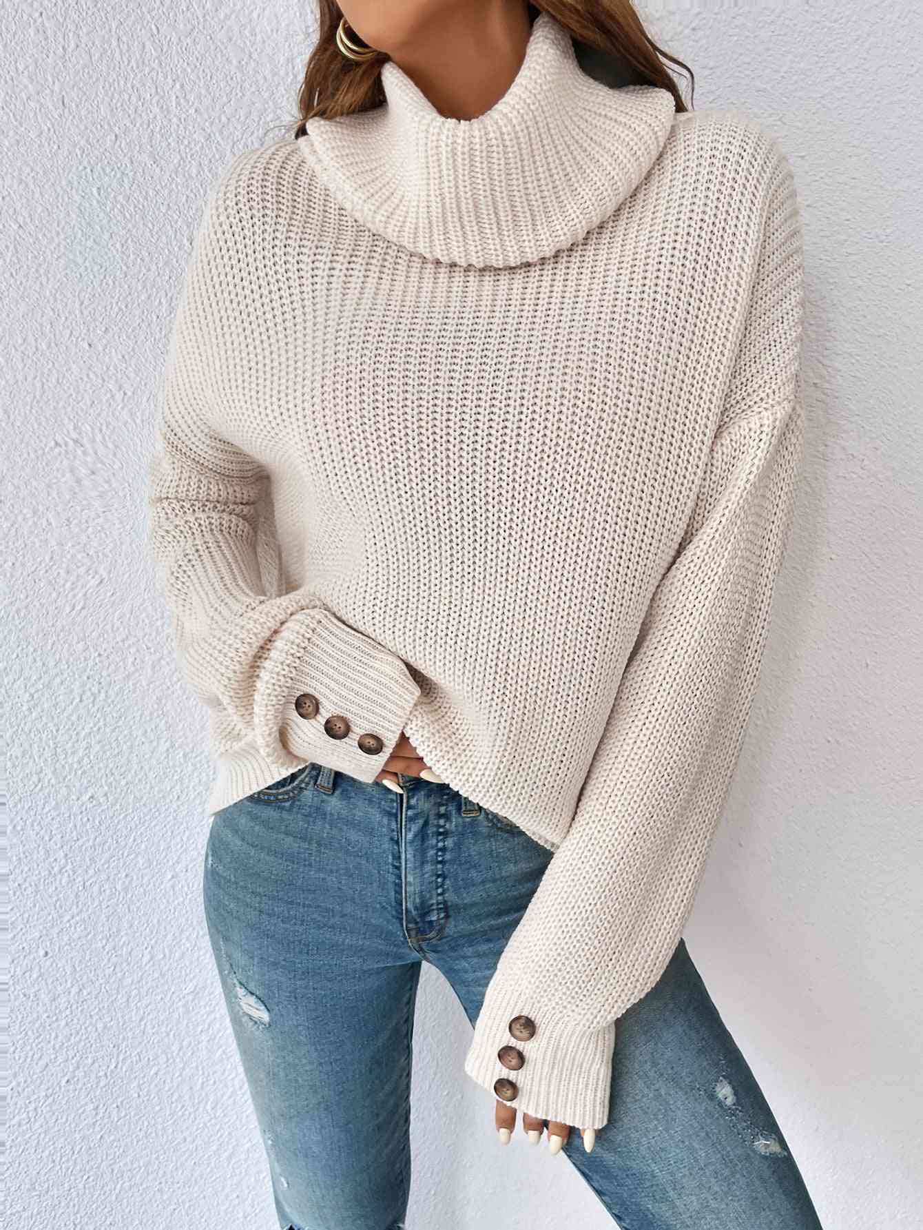 Decorative Button Turtleneck Dropped Shoulder Sweater | AdoreStarr