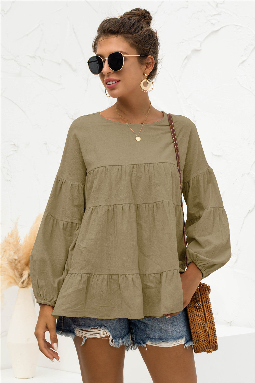 Round Neck Bubble Sleeve Tiered Blouse | AdoreStarr