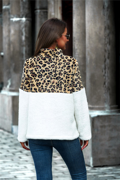 Leopard Color Block Half-Zip Collar Teddy Sweatshirt | AdoreStarr