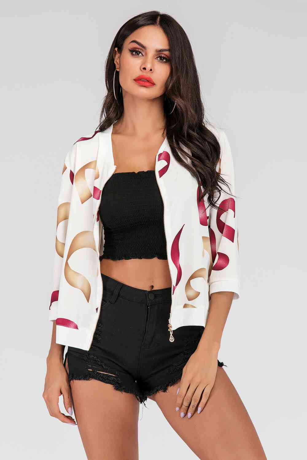 Printed Zip-Up Three-Quarter Sleeve Bomber Jacket | AdoreStarr