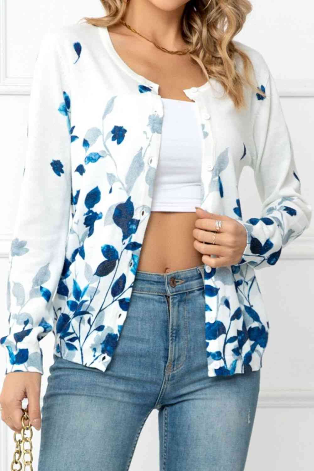 Floral Button Front Round Neck Cardigan | AdoreStarr