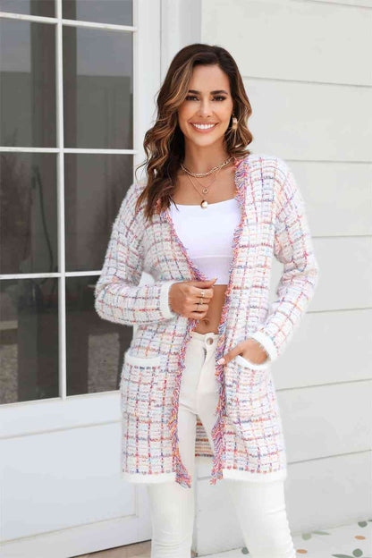 Plaid Fringe Trim Open Front Longline Cardigan - Blush Pink