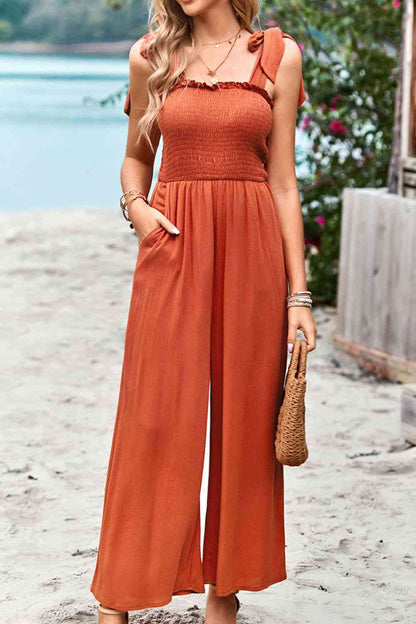 Frill Trim Tie Shoulder Wide Leg Jumpsuit