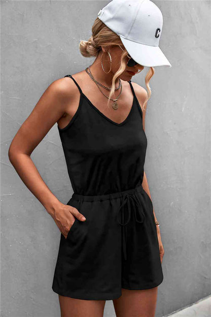 Spaghetti Strap V-Neck Pocket Romper - Black