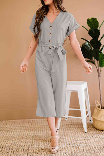 Button Front Belted Cropped Jumpsuit