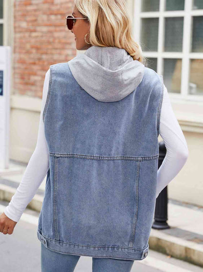 Drawstring Hooded Sleeveless Denim Jacket | AdoreStarr