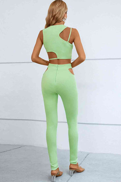 Asymmetrical Ribbed Cutout Tank and Pants Set | AdoreStarr