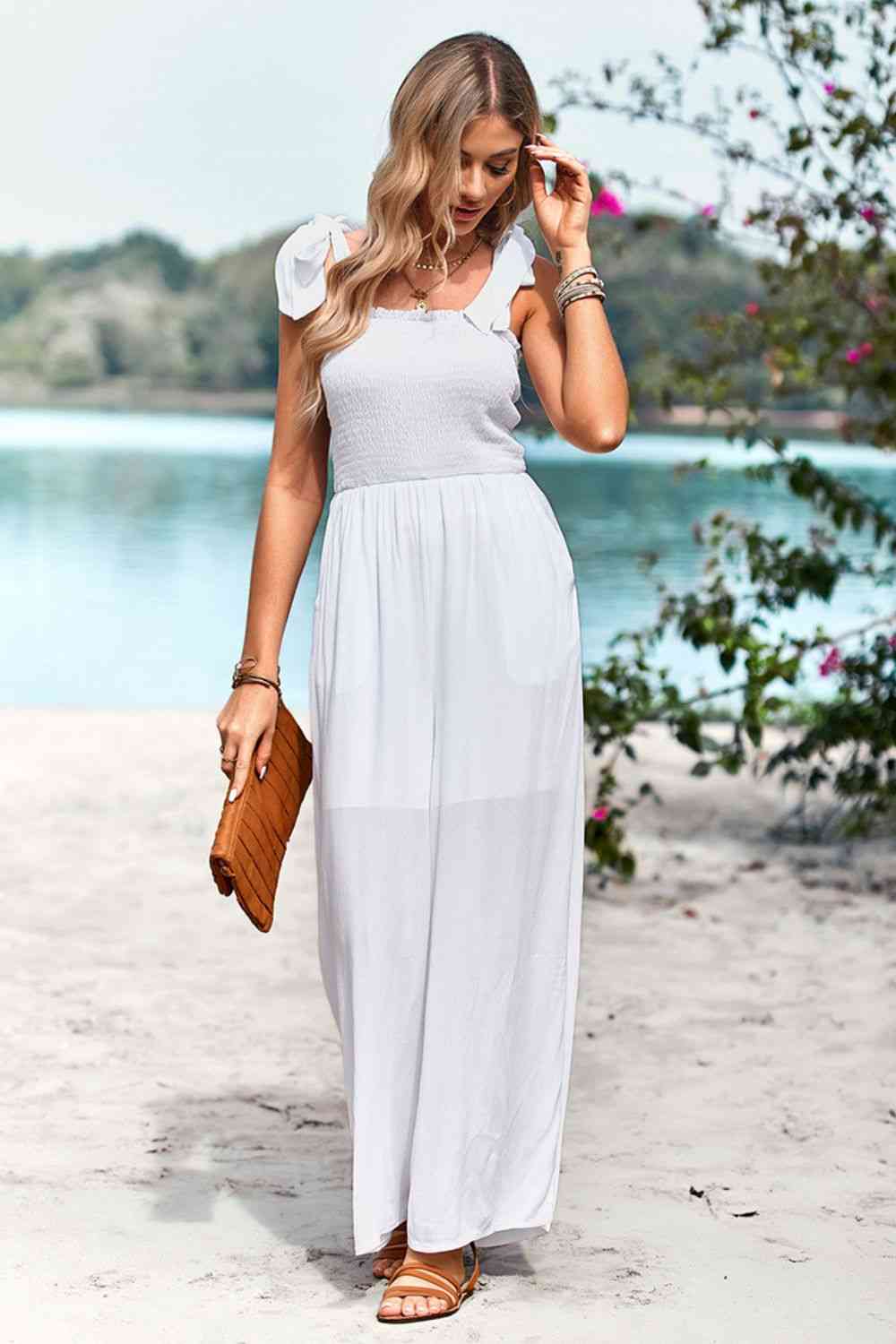 Frill Trim Tie Shoulder Wide Leg Jumpsuit