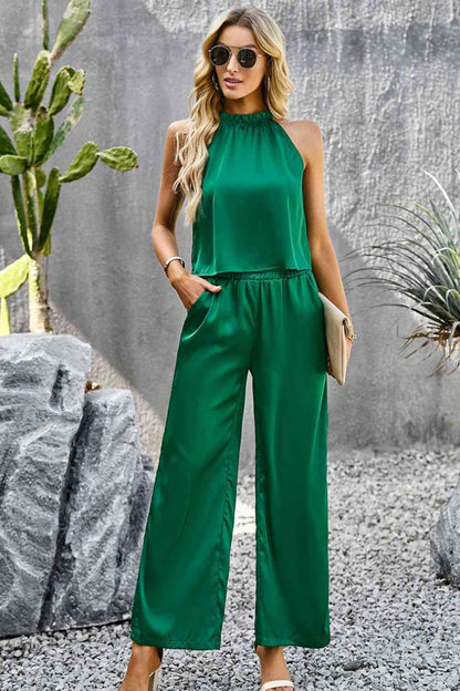 Grecian Neck Sleeveless Pocketed Top and Pants Set | AdoreStarr