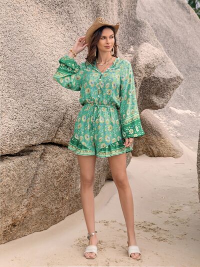 Printed Ruffled Balloon Sleeve Romper - Mid Green