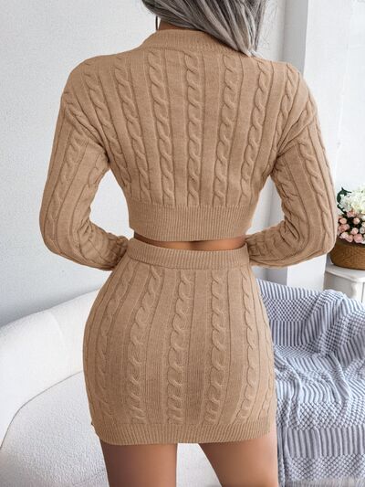 Cable-Knit Round Neck Top and Skirt Sweater Set | AdoreStarr