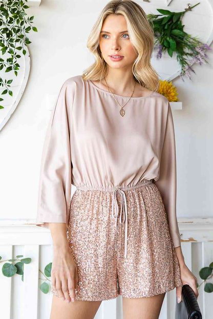 Sequin Drawstring Waist Dolman Sleeve Romper - Sand