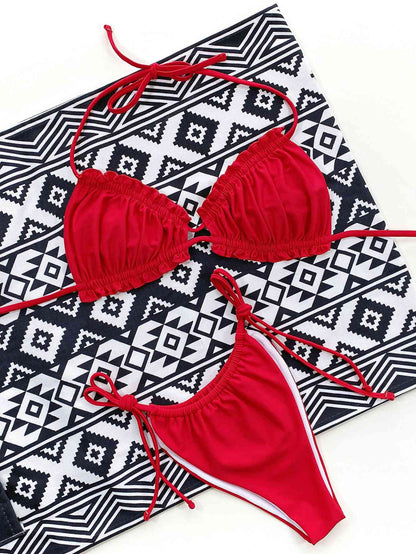 Frill Trill Halter Neck Bikini Set - Scarlet