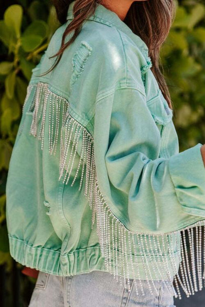 Fringed Chain Raw Hem Distressed Jacket | AdoreStarr