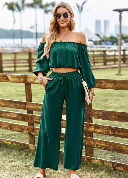 Off-Shoulder Blouse and Drawstring Waist Pants Set | AdoreStarr