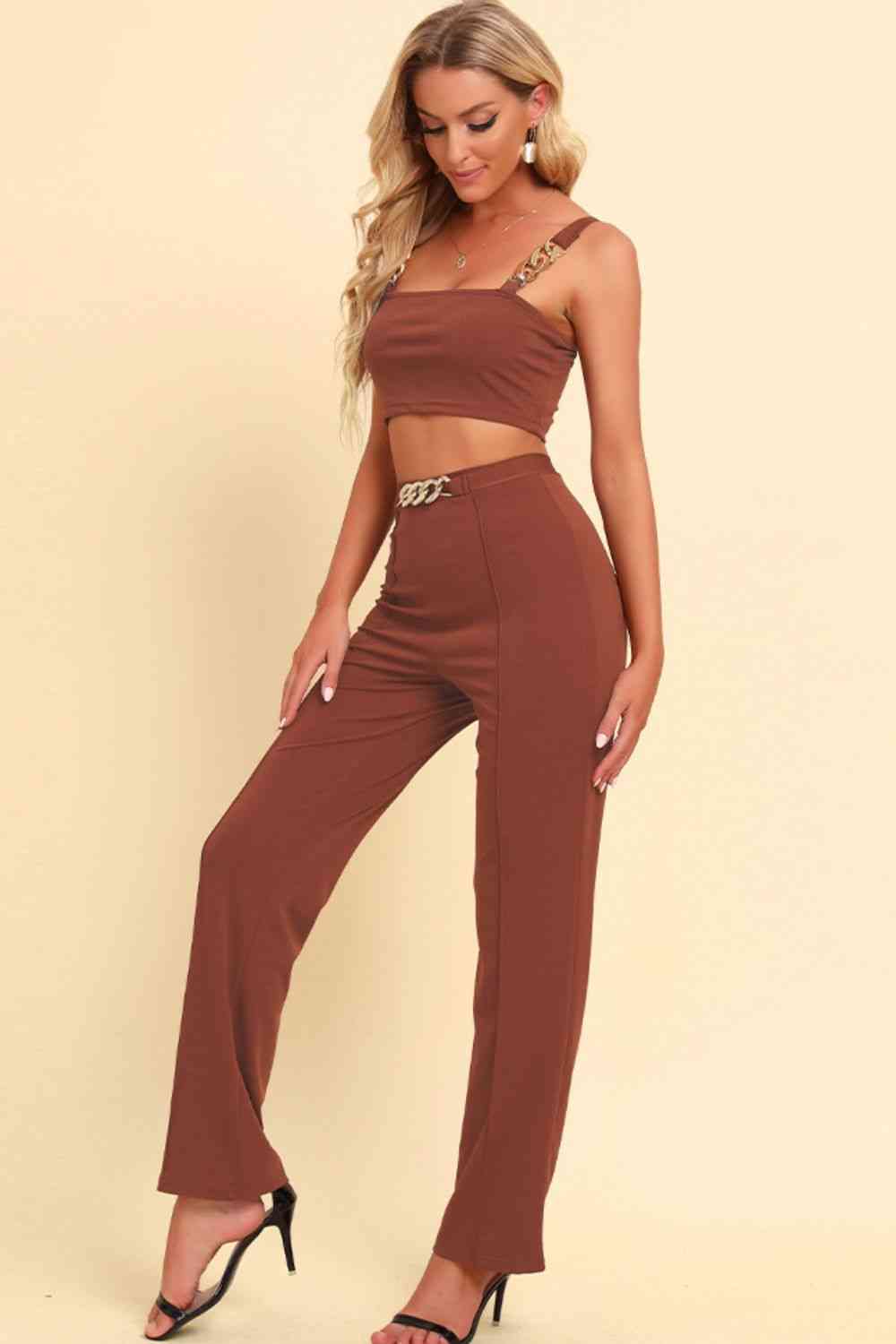 Chain Detail Cropped Cami and Straight Leg Pants Set - Caramel