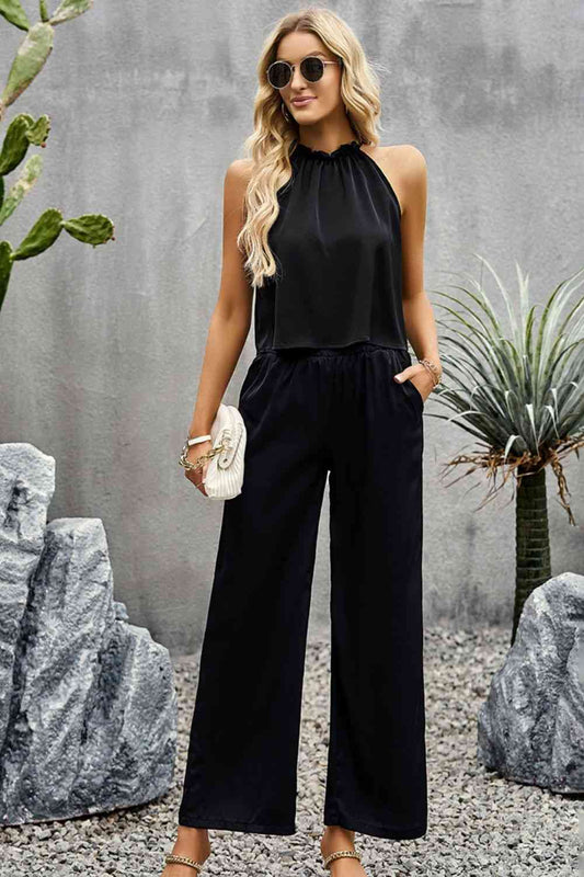 Grecian Neck Sleeveless Pocketed Top and Pants Set | AdoreStarr