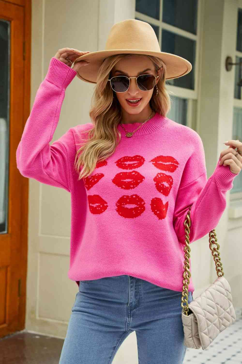 Lip Graphic Slit Dropped Shoulder Sweater - Fuchsia