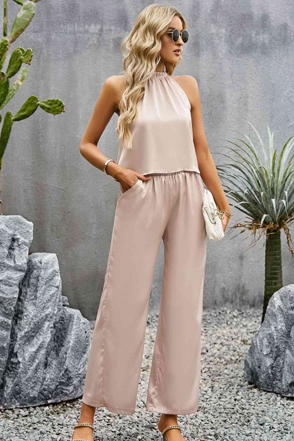 Grecian Neck Sleeveless Pocketed Top and Pants Set | AdoreStarr