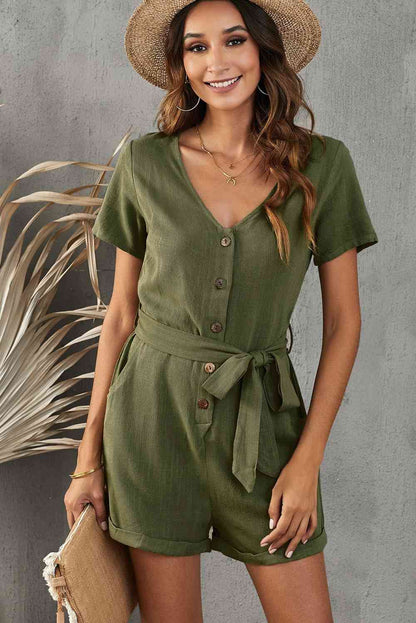 V-Neck Short Sleeve Tie Belt Romper | AdoreStarr