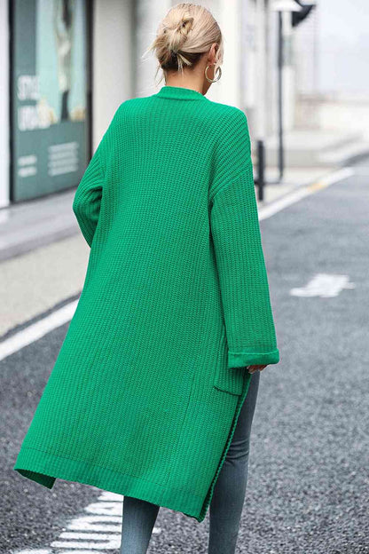 Dropped Shoulder Long Sleeve Cardigan - Mid Green