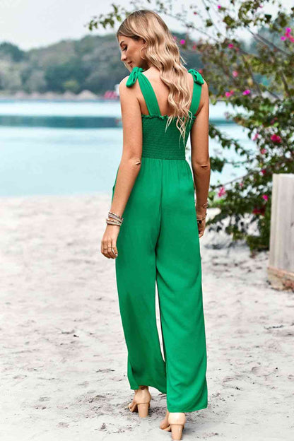 Frill Trim Tie Shoulder Wide Leg Jumpsuit