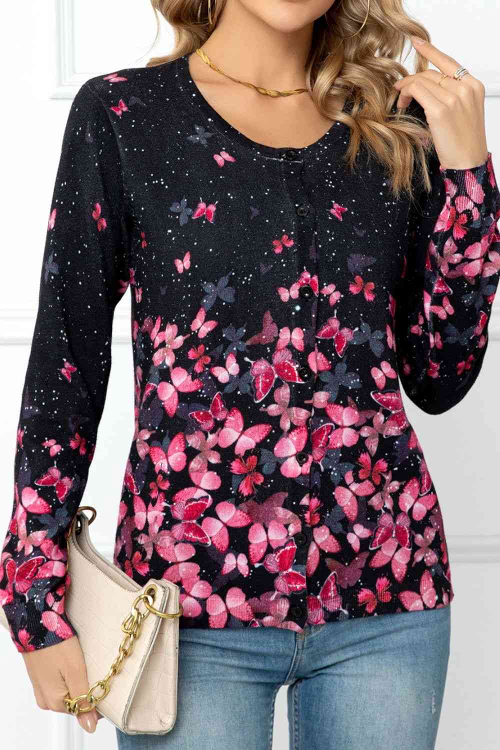 Floral Button Front Round Neck Cardigan | AdoreStarr