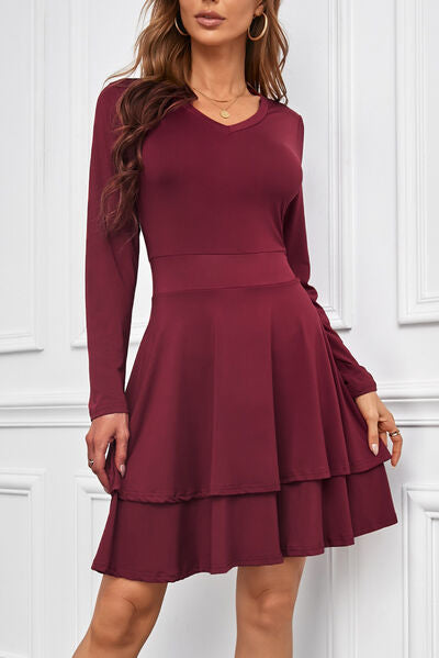 V-Neck Long Sleeve Layered Dress | AdoreStarr