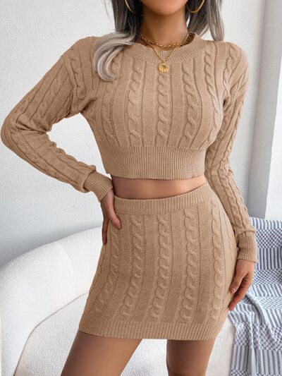 Cable-Knit Round Neck Top and Skirt Sweater Set | AdoreStarr