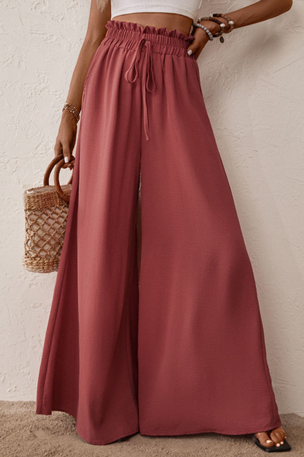 Smocked Paperbag Waist Wide Leg Pants - Deep Red