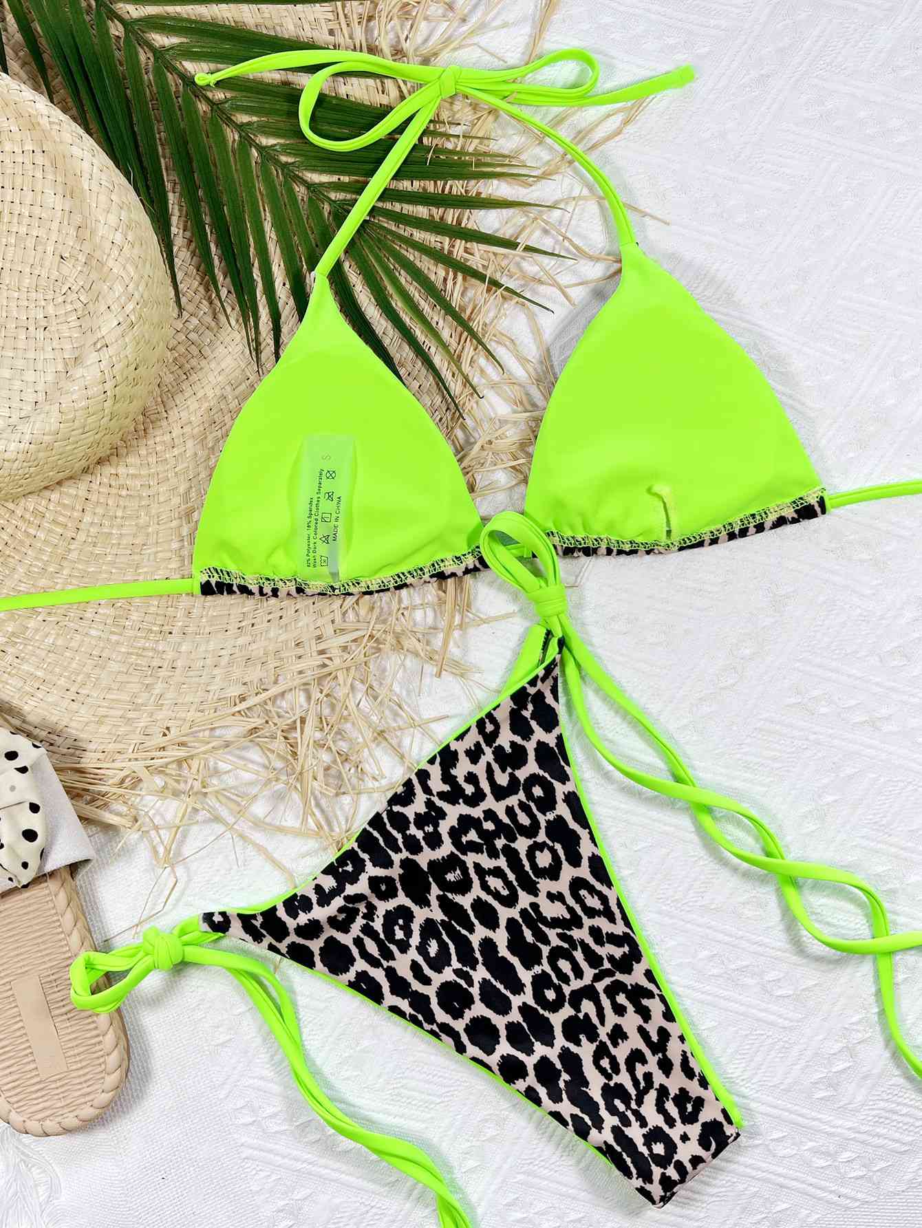 Leopard Print Tie Side Bikini Set - Green