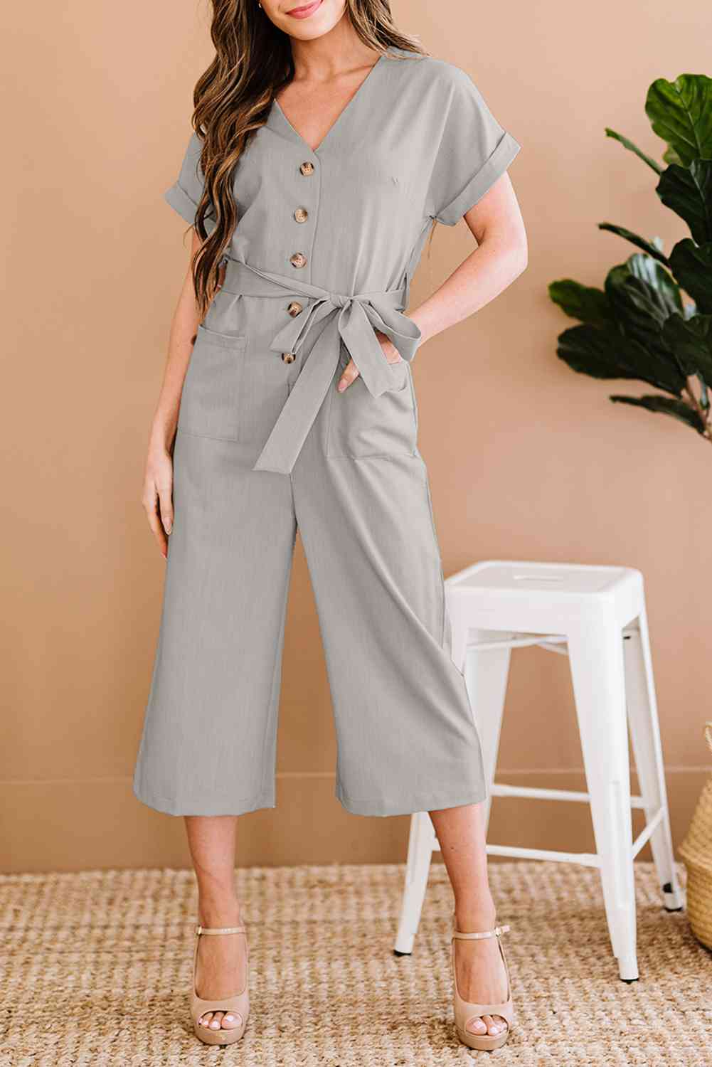 Button Front Belted Cropped Jumpsuit