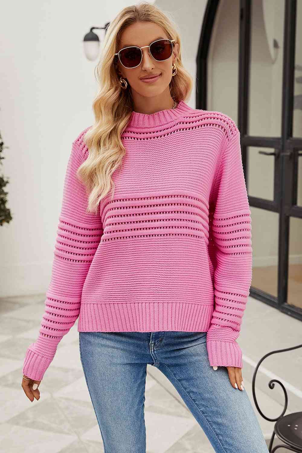 Round Neck Openwork Pullover Sweater | AdoreStarr