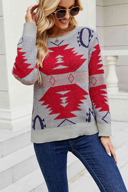 Printed Round Neck Long Sleeve Sweater | AdoreStarr