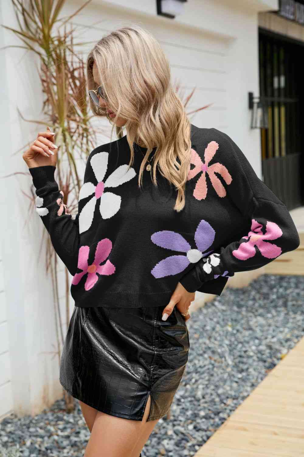 Floral Dropped Shoulder Ribbed Trim Sweater | AdoreStarr