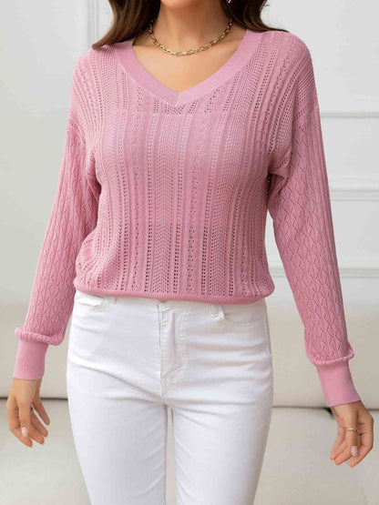 V-Neck Long Sleeve Eyelet Knit Top | AdoreStarr