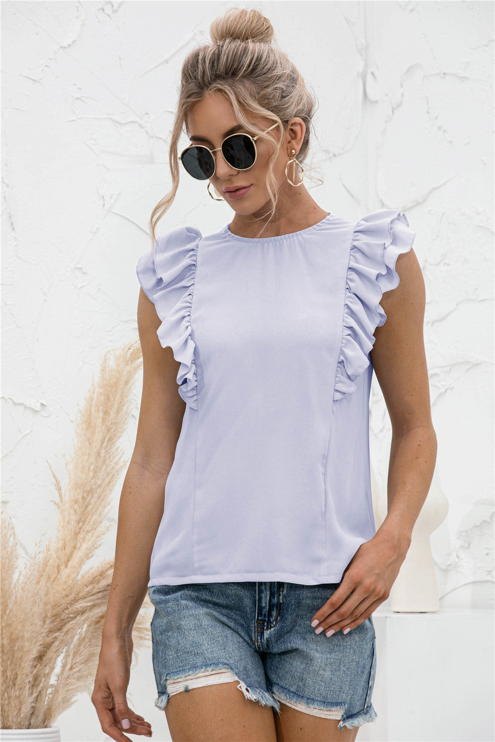 Ruffle Shoulder Tie-Back Crewneck Top | AdoreStarr