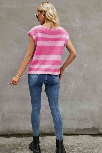 Striped Round Neck Cap Sleeve Knit Top | AdoreStarr