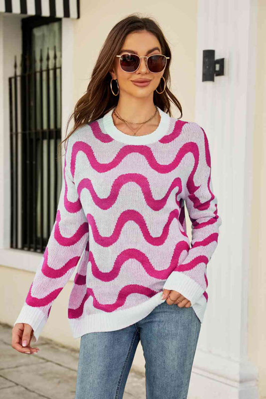 Wave Stripe Ribbed Trim Tunic Sweater | AdoreStarr